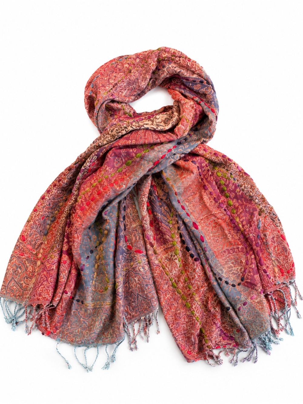 Raj Multicolor Paisley Scarf with Fringe - Pink, Blue & Green Accents